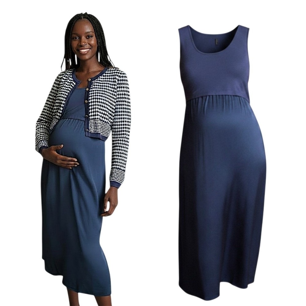 Seraphine sz 4 Maternity Nursing Dress & Cardigan Dress Navy White‎ Scallop NEW